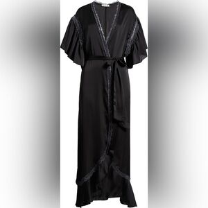NWT Free People Moonbeams Lace Trim Robe in Black